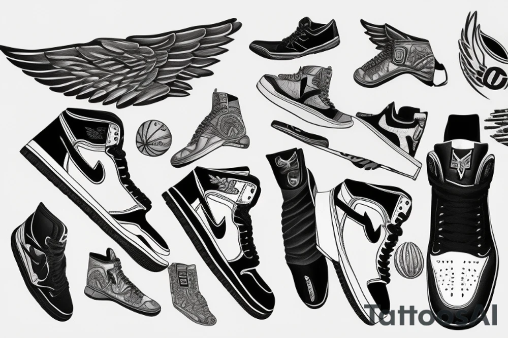 michael jordan with wings and jordan 1 shoes tattoo idea