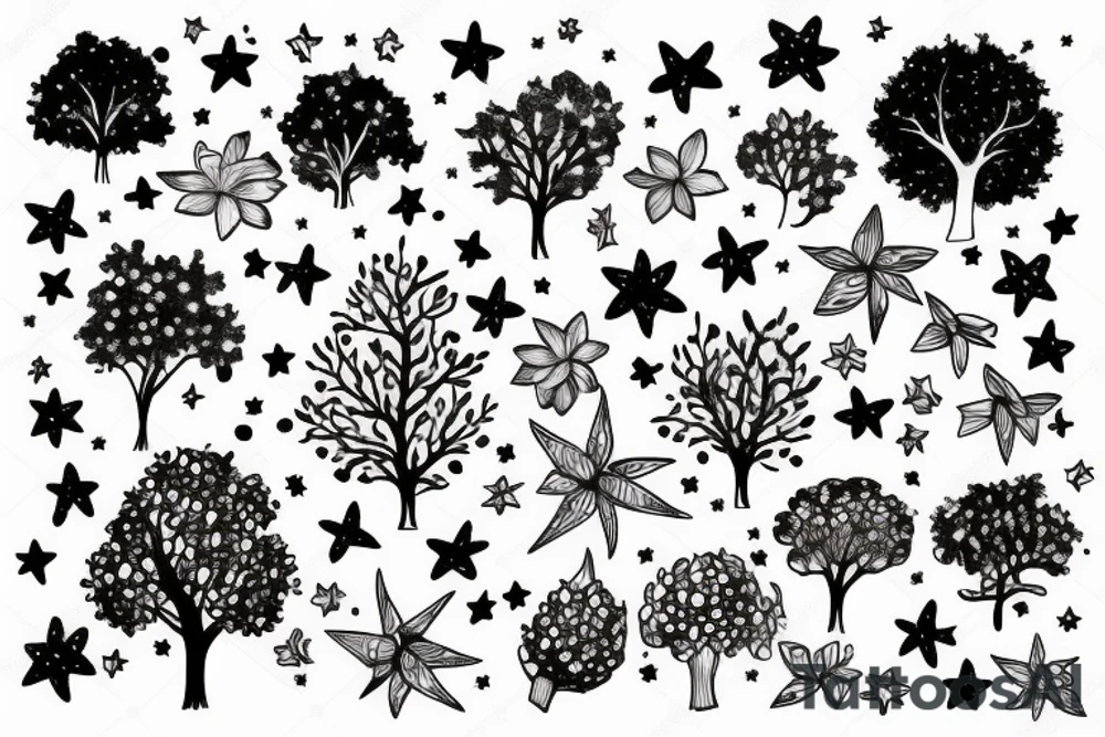 Tree with flowers and stars tattoo idea