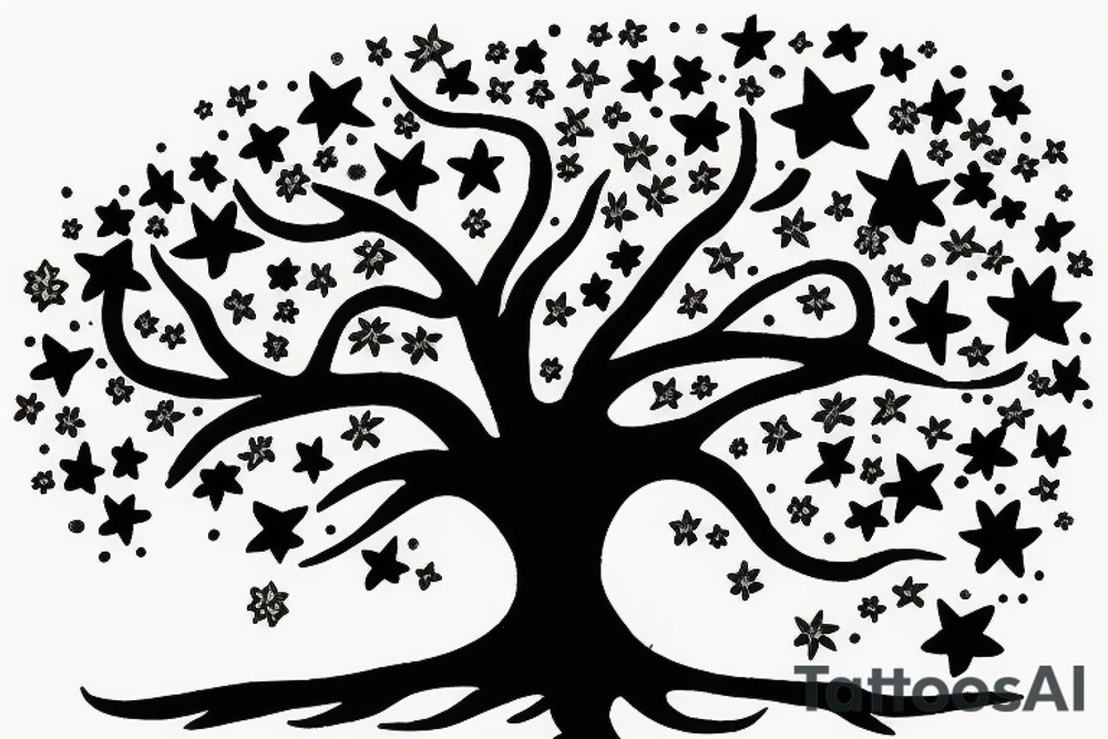 Tree with flowers and stars tattoo idea