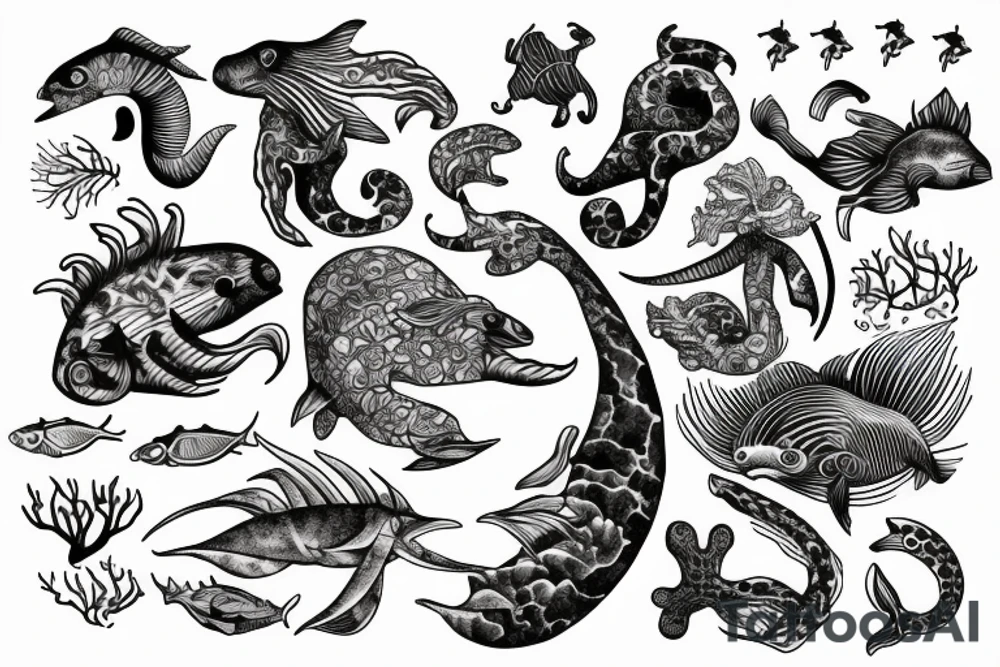 Spine with ocean animals tattoo idea