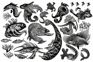 Spine with ocean animals tattoo idea