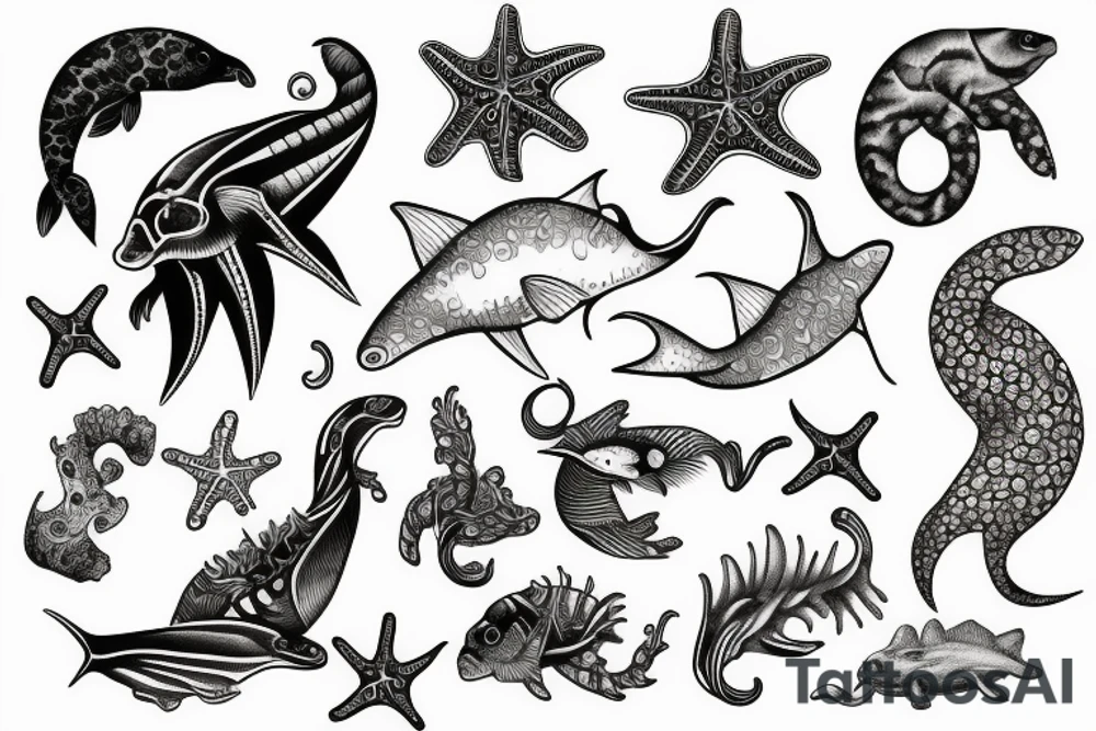 Spine with ocean animals tattoo idea