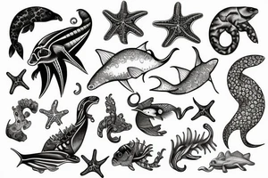 Spine with ocean animals tattoo idea