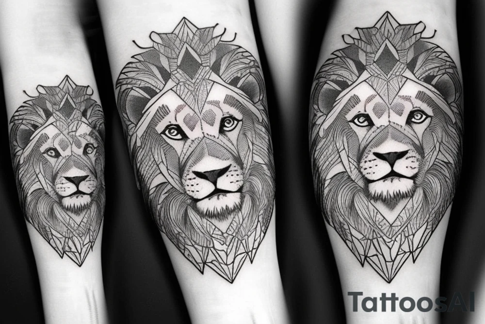 Lion that is half geometric half realistic tattoo idea