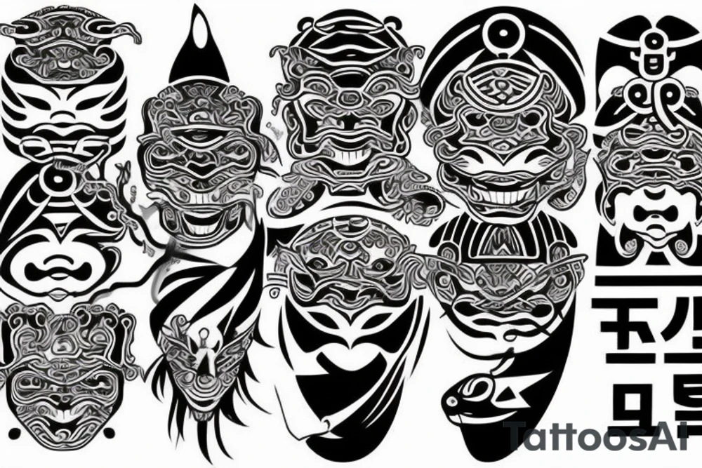 Korean turtle ship and traditional korean masks tattoo idea