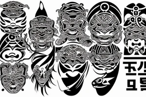 Korean turtle ship and traditional korean masks tattoo idea
