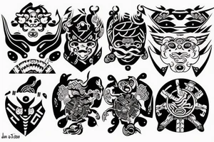 Korean turtle ship and traditional korean masks tattoo idea