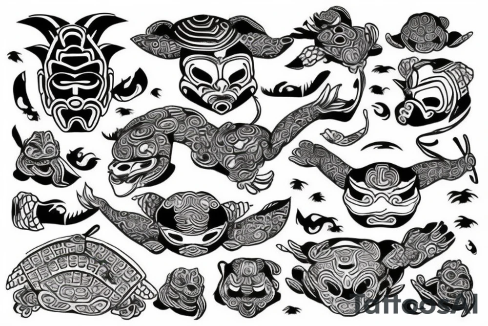 Korean turtle ship and traditional korean masks tattoo idea