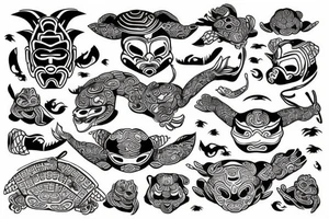 Korean turtle ship and traditional korean masks tattoo idea