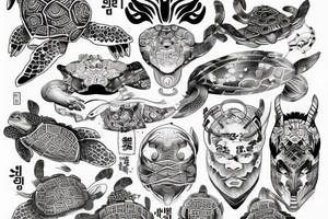 Korean turtle ship and korean traditional masks tattoo idea