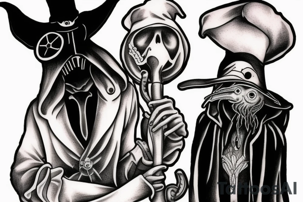 Plague doctor with a ghost shadow behind him tattoo idea