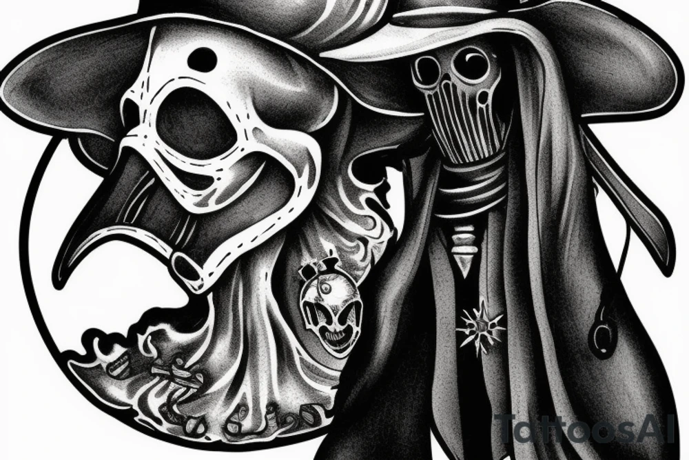 Plague doctor with a ghost behind him tattoo idea