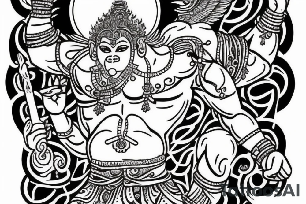 God Hanuman flying in front of a full moon tattoo idea