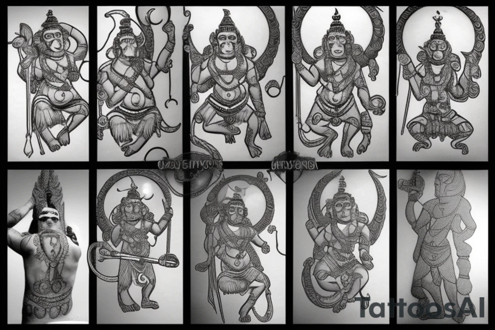 God Hanuman flying in front of a full moon with his weapon tattoo idea