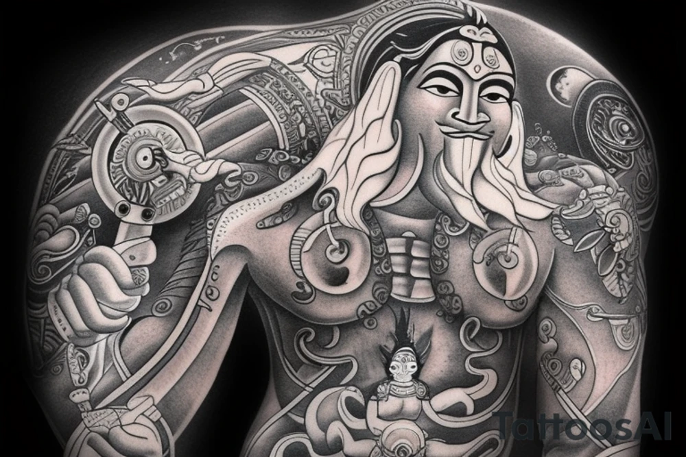 God Hanuman flying in front of a full moon with his weapon tattoo idea