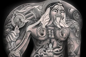 God Hanuman flying in front of a full moon with his weapon tattoo idea