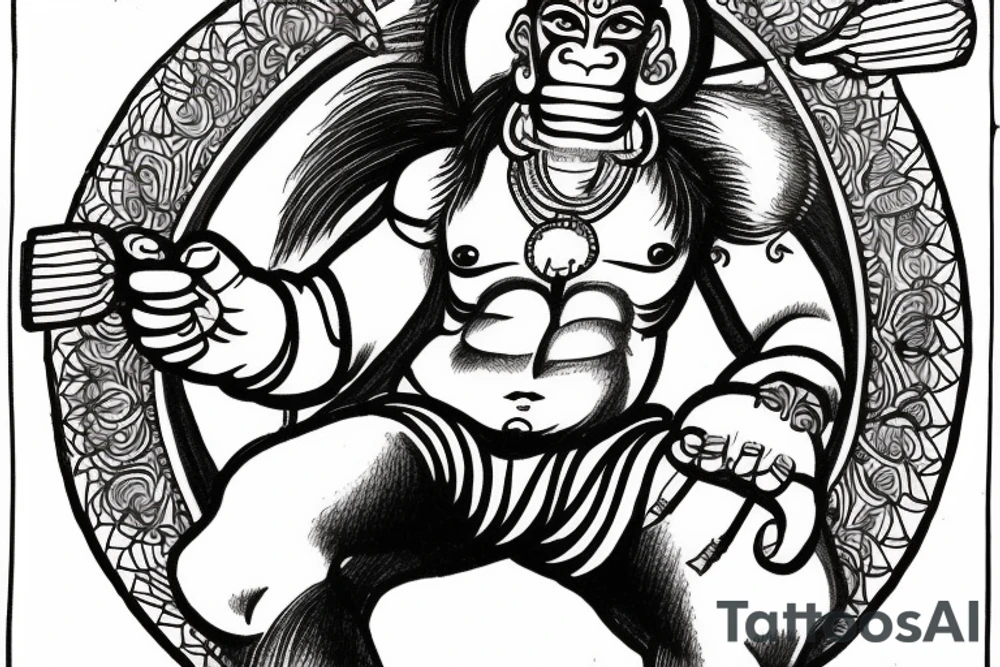 God Hanuman flying in front of a full moon with his weapon tattoo idea