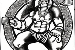 God Hanuman flying in front of a full moon with his weapon tattoo idea