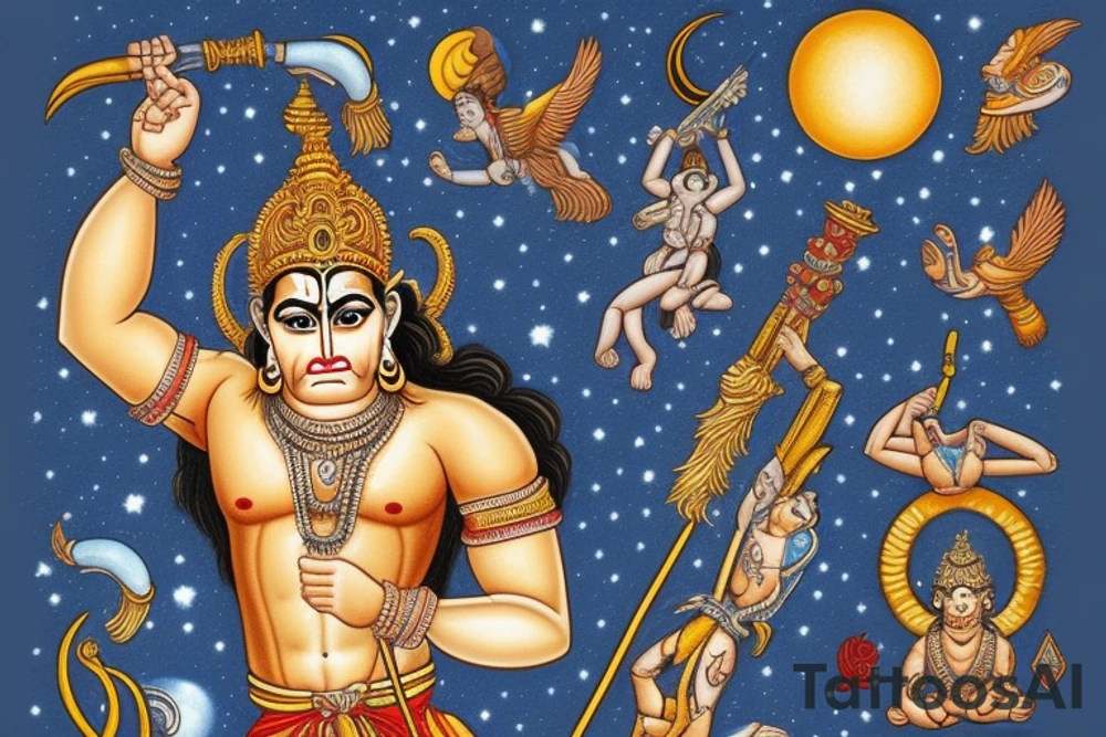 God Hanuman flying in front of a full moon with his weapon tattoo idea