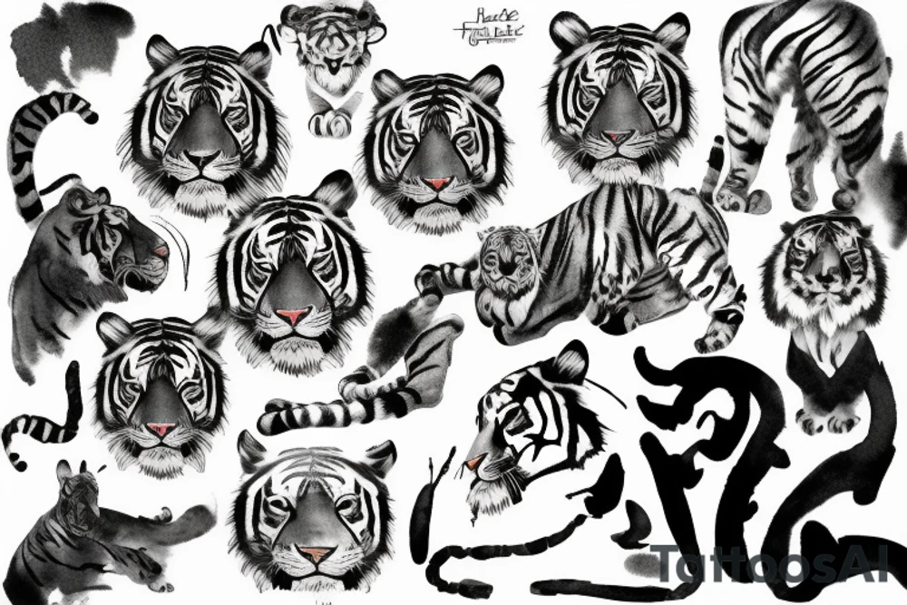 Tiger with ink brushes, black and white tattoo idea