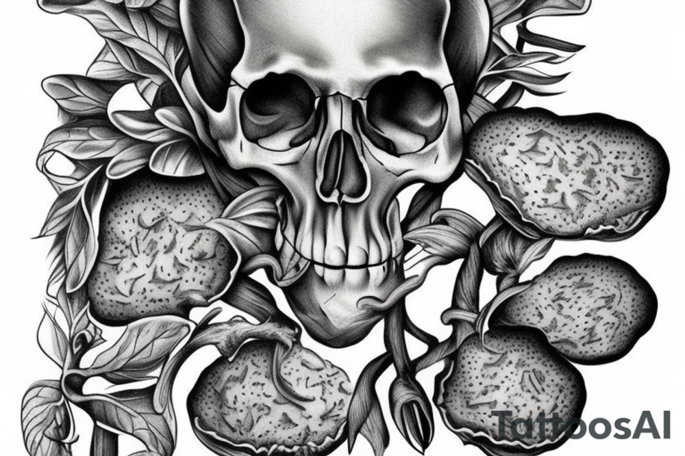 morel mushroom growing from skull tattoo idea