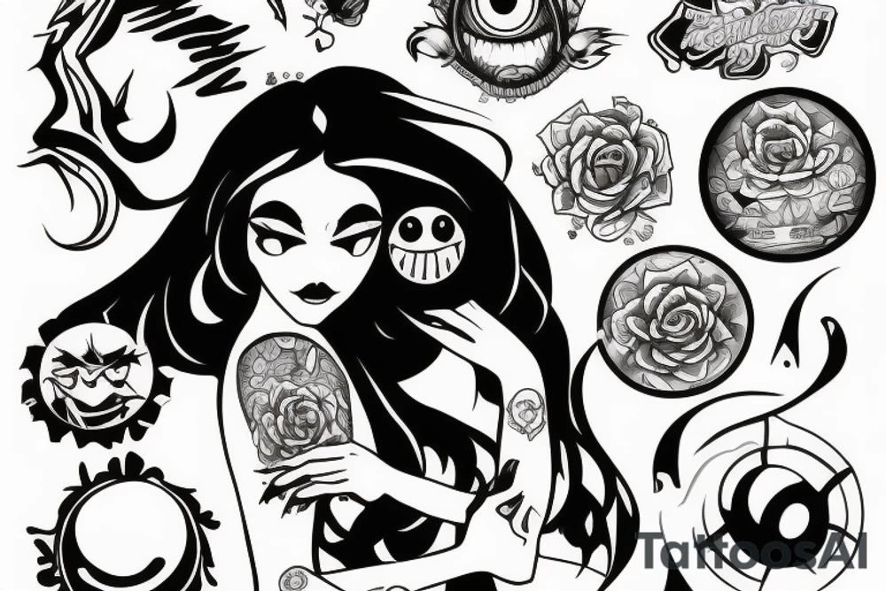 Shadow anxiety monster watching over girl with a ball of light protecting her tattoo idea