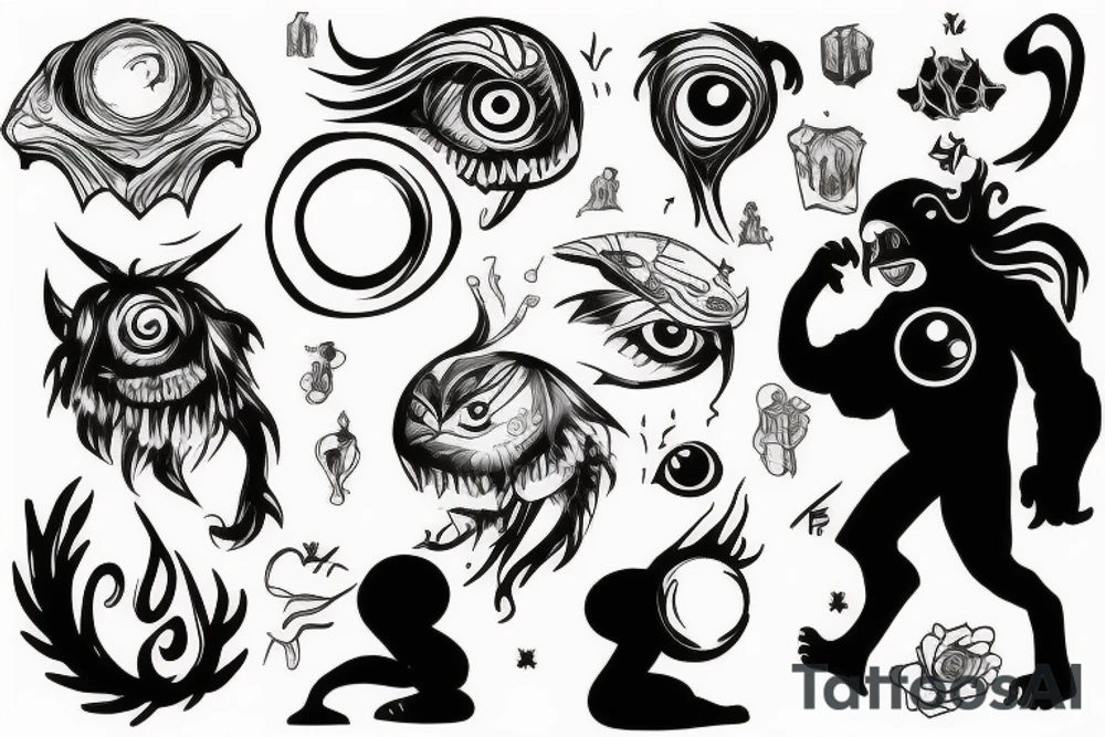 Shadow anxiety monster watching over girl with a ball of light protecting her tattoo idea