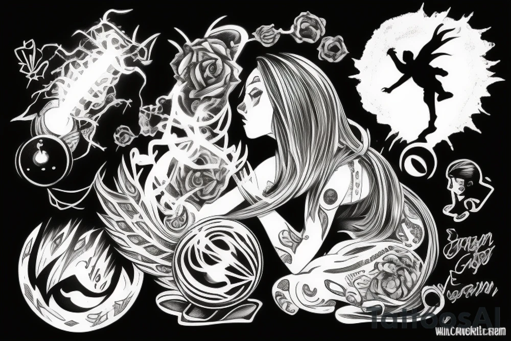 Shadow monster watching over girl with a ball of light protecting her tattoo idea