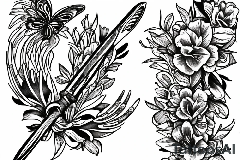 Butterfly knife with flowers tattoo idea