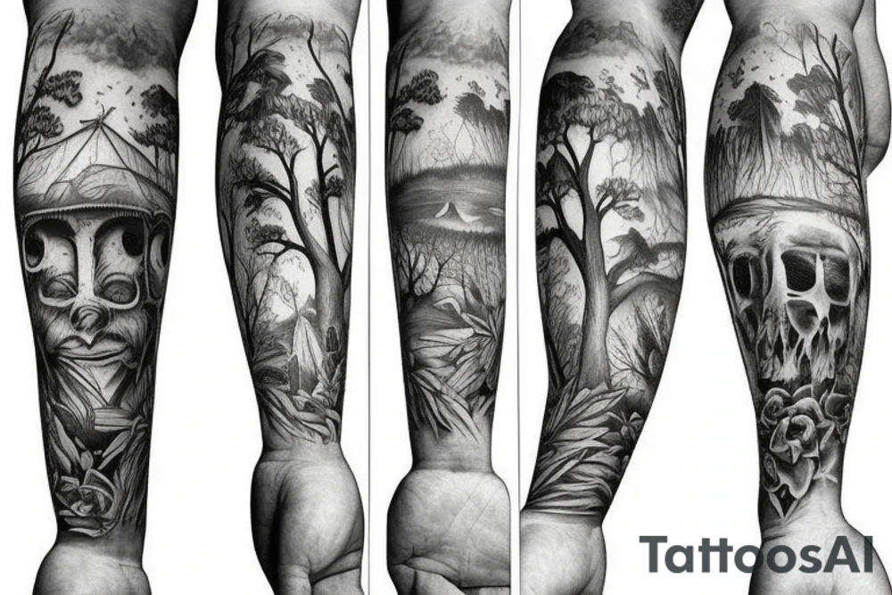 Ancestors watching from heaven a man building an in harmony with nature with multiple trees and beauriful animals. tattoo idea