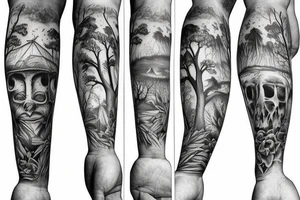 Ancestors watching from heaven a man building an in harmony with nature with multiple trees and beauriful animals. tattoo idea