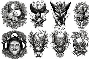 Ancestors watching from heaven a man building an in harmony with nature with multiple trees and beauriful animals. tattoo idea