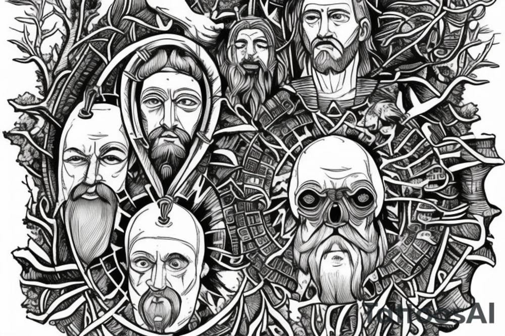 Man inspired by marcus Aurelius and andrew tate building a city in the forest with his ancestors watching from the heavens tattoo idea