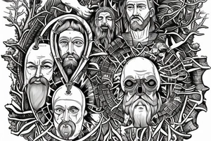 Man inspired by marcus Aurelius and andrew tate building a city in the forest with his ancestors watching from the heavens tattoo idea