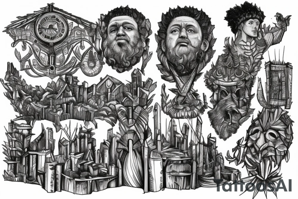 Man inspired by marcus Aurelius and andrew tate building a city in the forest with his ancestors watching from the heavens tattoo idea