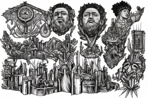 Man inspired by marcus Aurelius and andrew tate building a city in the forest with his ancestors watching from the heavens tattoo idea