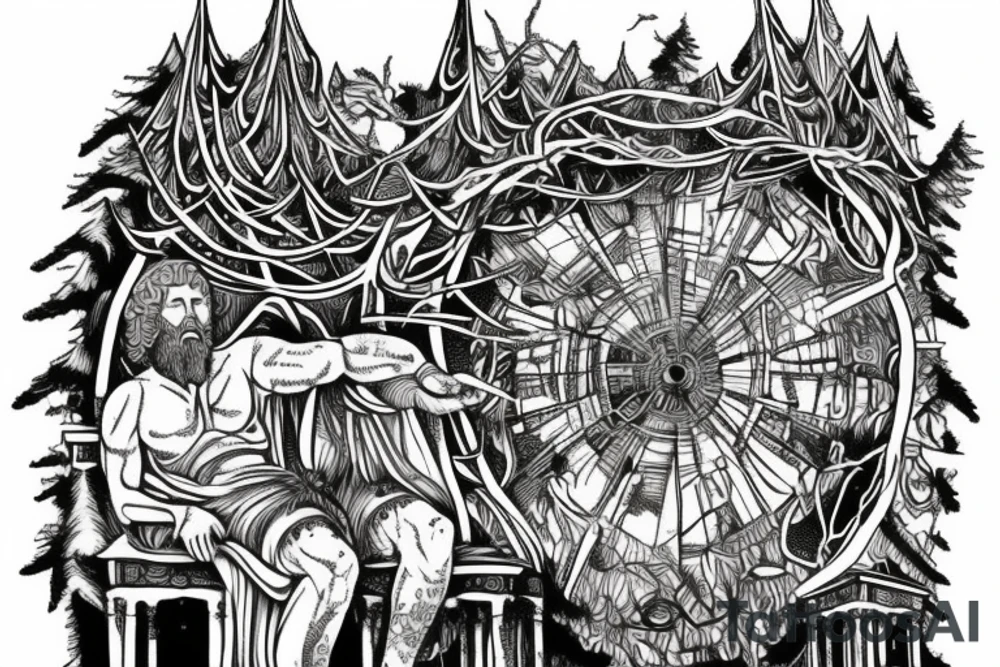 Man inspired by marcus Aurelius and andrew tate building a city in the forest with his ancestors watching from the heavens tattoo idea