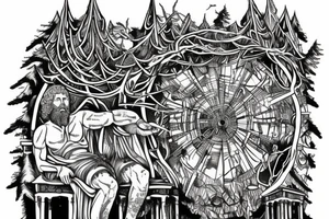Man inspired by marcus Aurelius and andrew tate building a city in the forest with his ancestors watching from the heavens tattoo idea