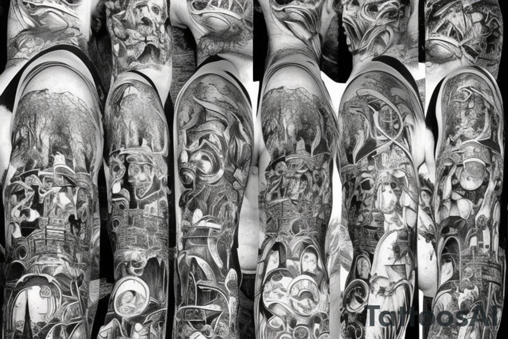 Man inspired by marcus Aurelius and andrew tate building a city in the forest with his ancestors watching from the heavens tattoo idea