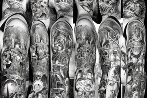 Man inspired by marcus Aurelius and andrew tate building a city in the forest with his ancestors watching from the heavens tattoo idea