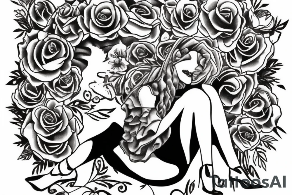 woman sitting on a bench held by arch of flowers tattoo idea