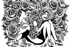 woman sitting on a bench held by arch of flowers tattoo idea