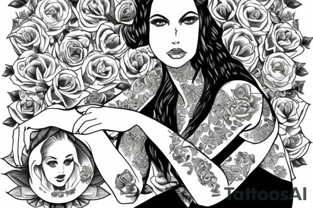 woman sitting on a bench held by arch of flowers tattoo idea