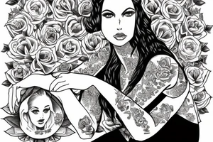 woman sitting on a bench held by arch of flowers tattoo idea