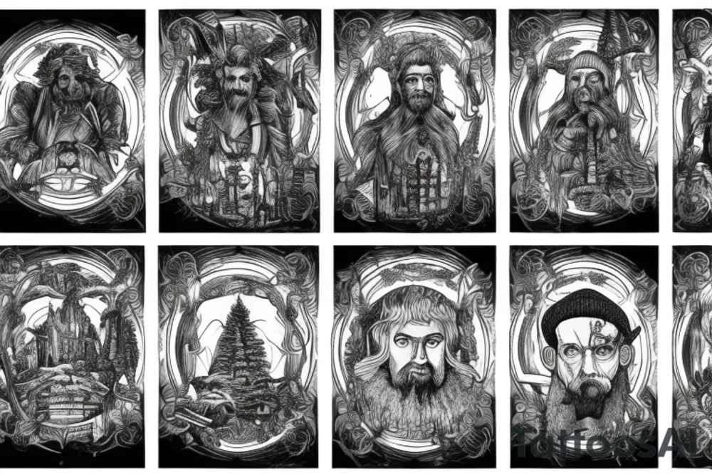 Man inspired by marcus Aurelius and andrew tate building a city in the forest with his ancestors watching from the heavens tattoo idea