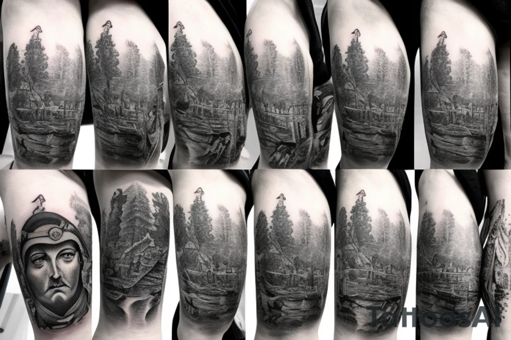 Man inspired by marcus Aurelius and andrew tate building a city in the forest with his ancestors watching from the heavens tattoo idea