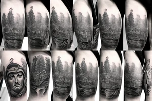 Man inspired by marcus Aurelius and andrew tate building a city in the forest with his ancestors watching from the heavens tattoo idea