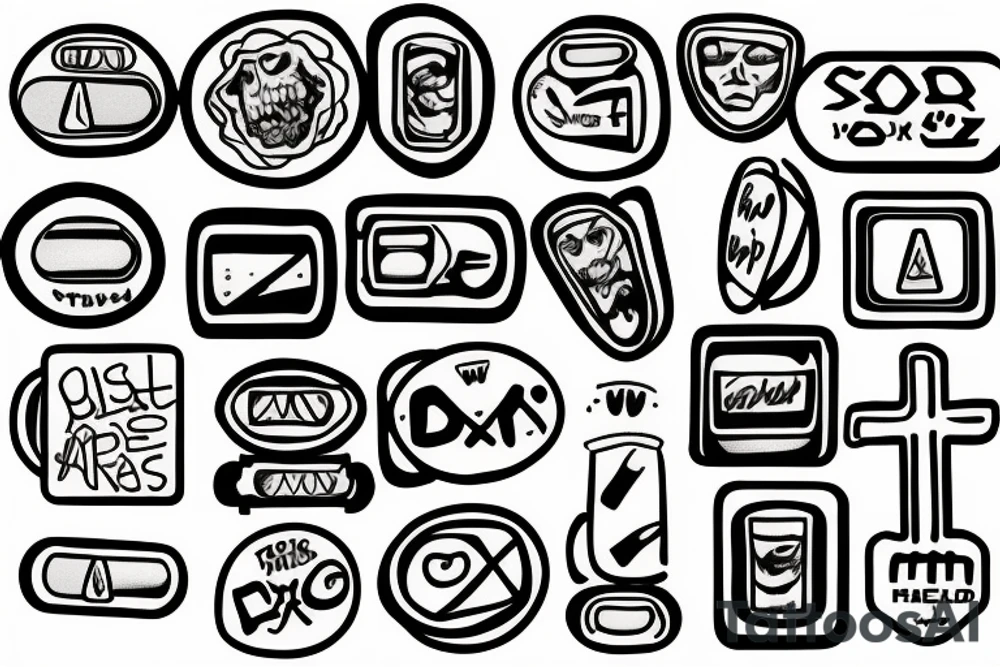 2x2 flash tattoo. pills and suicide theme. tattoo idea