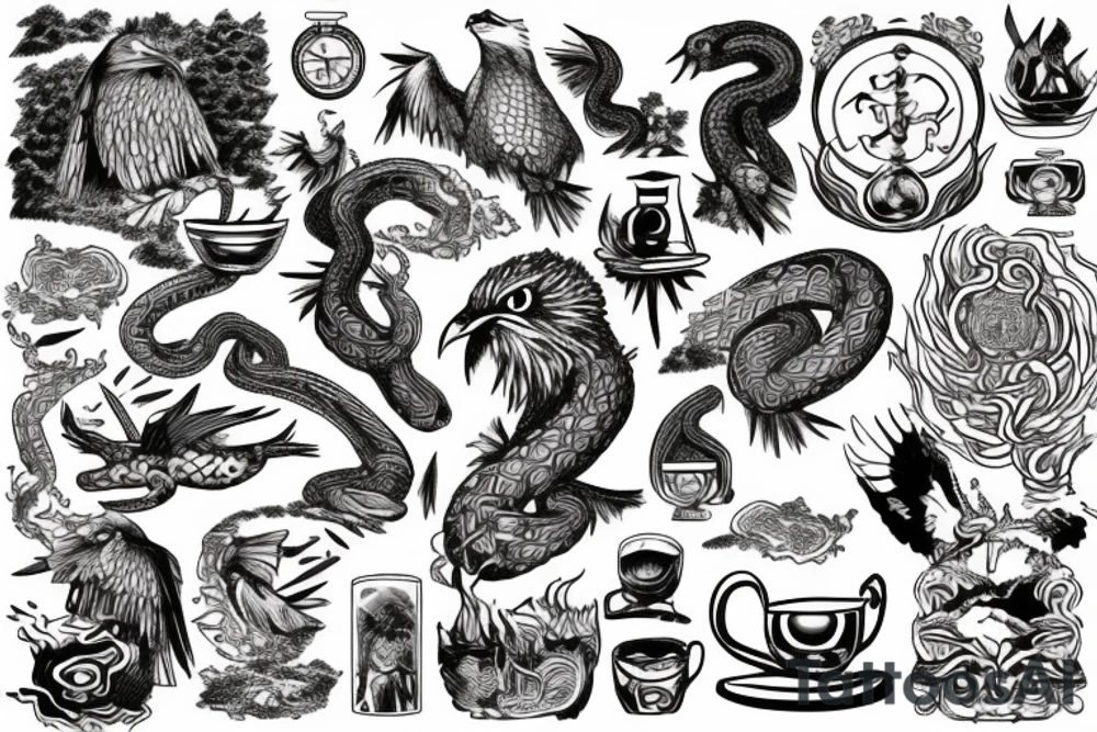 Zarathustra on a mountain with a cup that shines, an eagle in the sky, a snake on the ground, ashes trail from the mountain down to a forest tattoo idea
