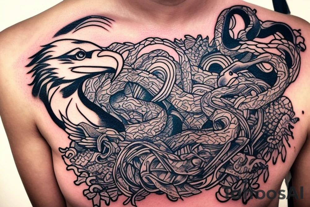 Zarathustra on a mountain with a cup that shines, an eagle in the sky, a snake on the ground, ashes trail from the mountain down to a forest tattoo idea